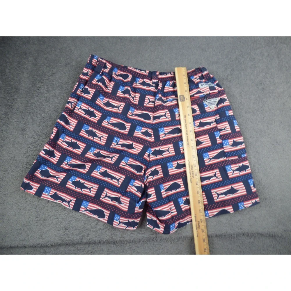 Columbia PFG Mens Shorts Medium Blue Red American Flag Fish Print Mesh Lined 6in